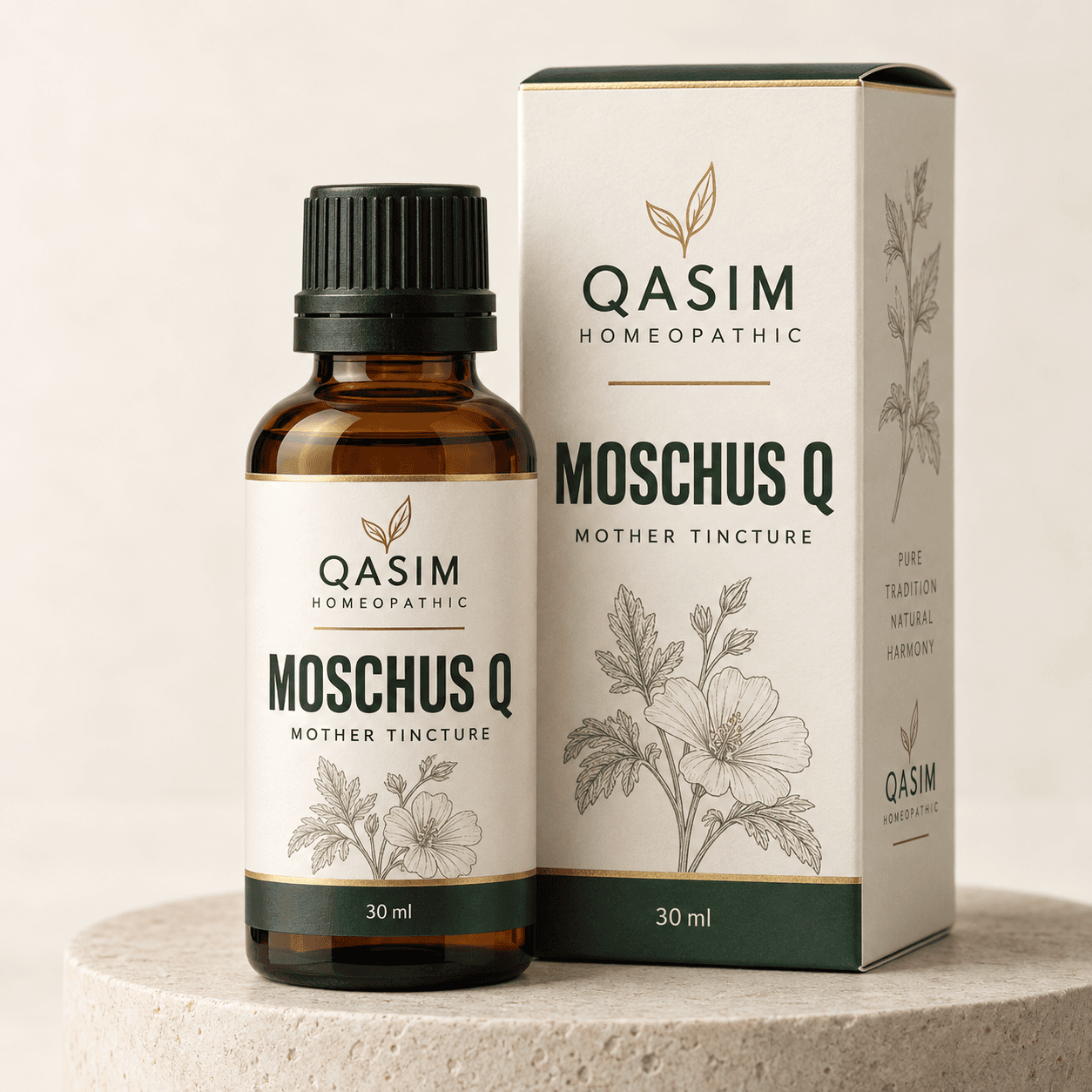 Qasim Homeopathic Moschus Q amber drop bottle with matching premium carton